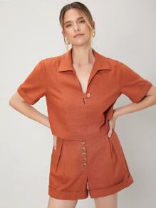 SHEIN 亞麻上衣和短褲套裝 - 亮橙色 - 查看 1
