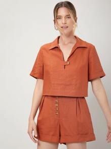 SHEIN 亞麻上衣和短褲套裝 - 亮橙色 - 查看 6