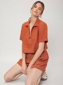 SHEIN 亞麻上衣和短褲套裝 - 亮橙色 - 查看 9