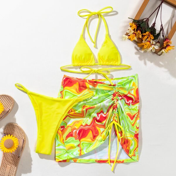 

3pack Allover Drawstring Bikini Swimsuit With Cover Up, Multicolor