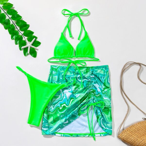 

3pack Allover Drawstring Bikini Swimsuit With Cover Up, Multicolor