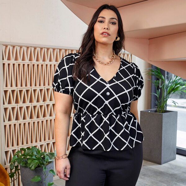 

Plus Puff Sleeve Button Front Plaid Peplum Top, Black and white