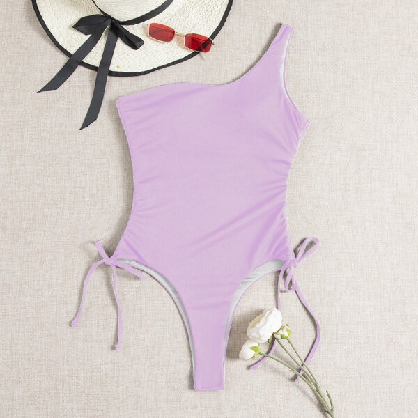 

Rib One Shoulder Tie Side One Piece Swimsuit, Baby pink
