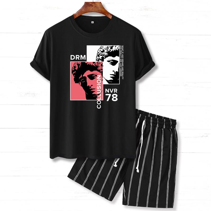 

Guys Figure & Letter Graphic Tee With Striped Shorts, Black