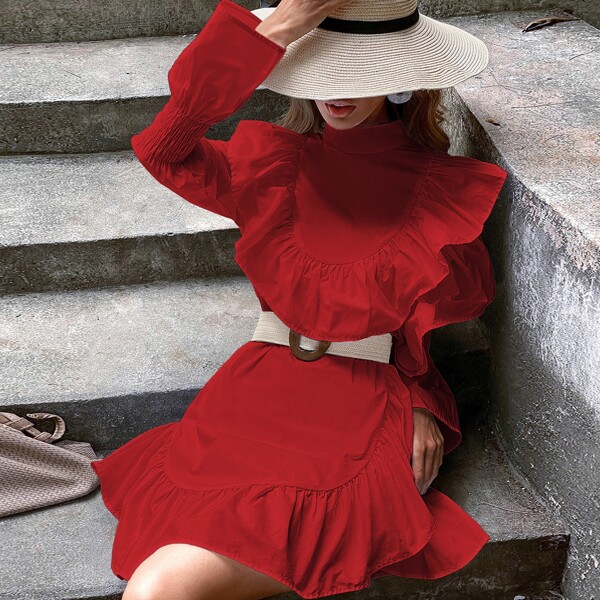 

Ruffle Hem Solid Dress Without Belt, Red