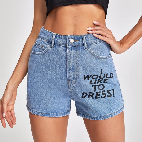 

Slogan Graphic Straight Leg Denim Shorts, Medium wash