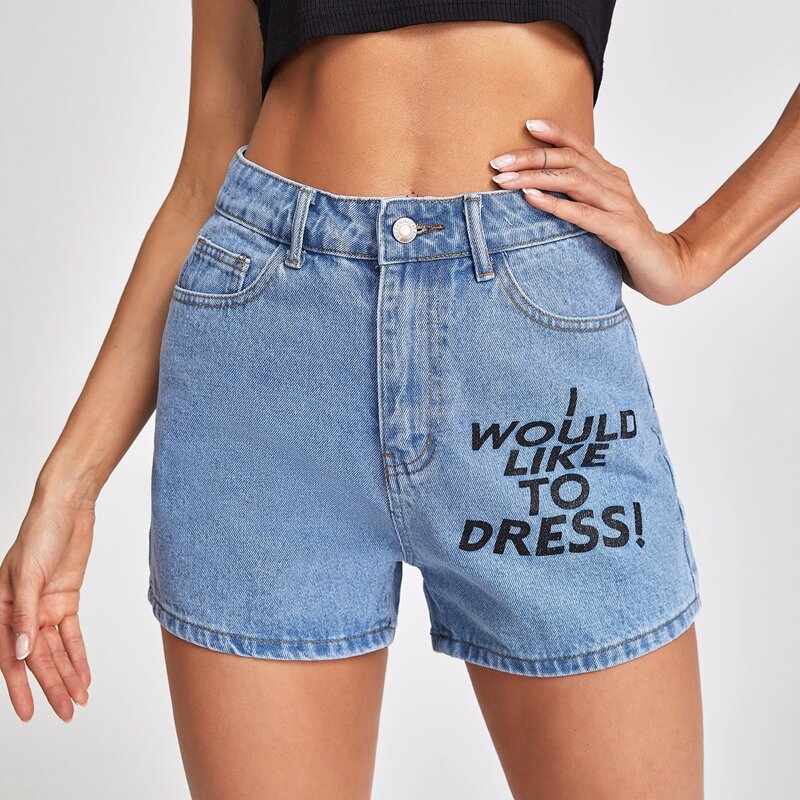 

Slogan Graphic Straight Leg Denim Shorts, Medium wash