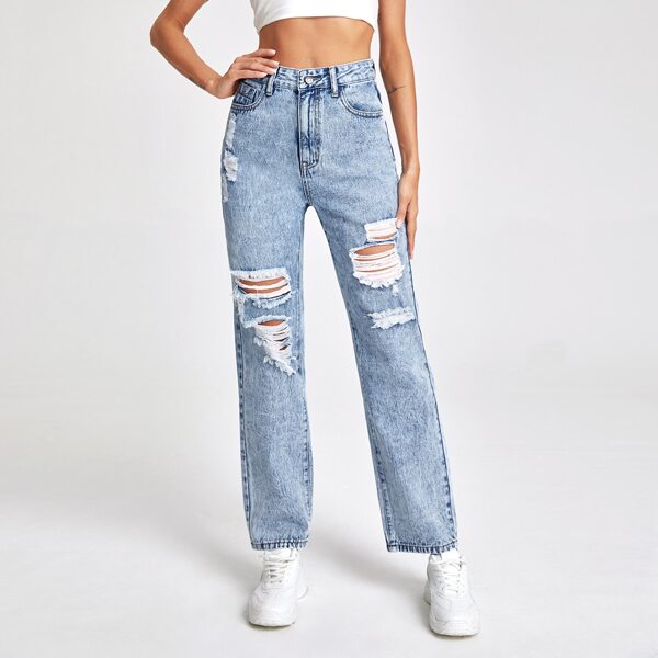 

High Waist Ripped Straight Jeans, Light wash