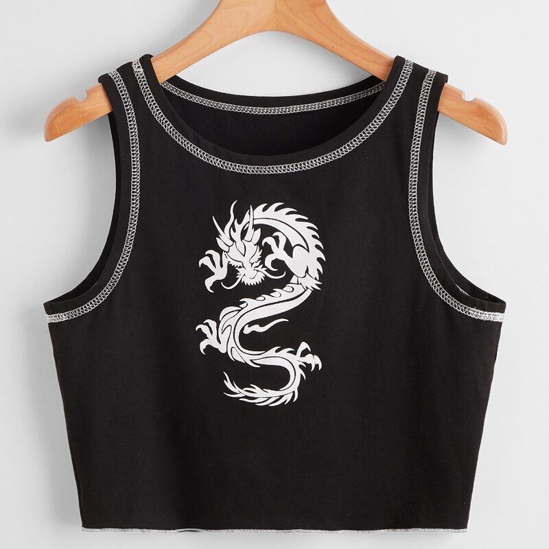 

Stitching Trim Chinese Dragon Graphic Tank Top, Black