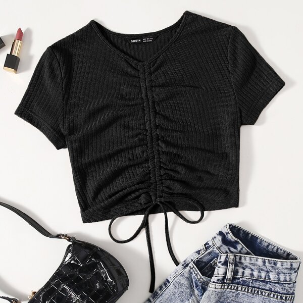 

Solid Drawstring Ruched Rib-knit Tee, Black