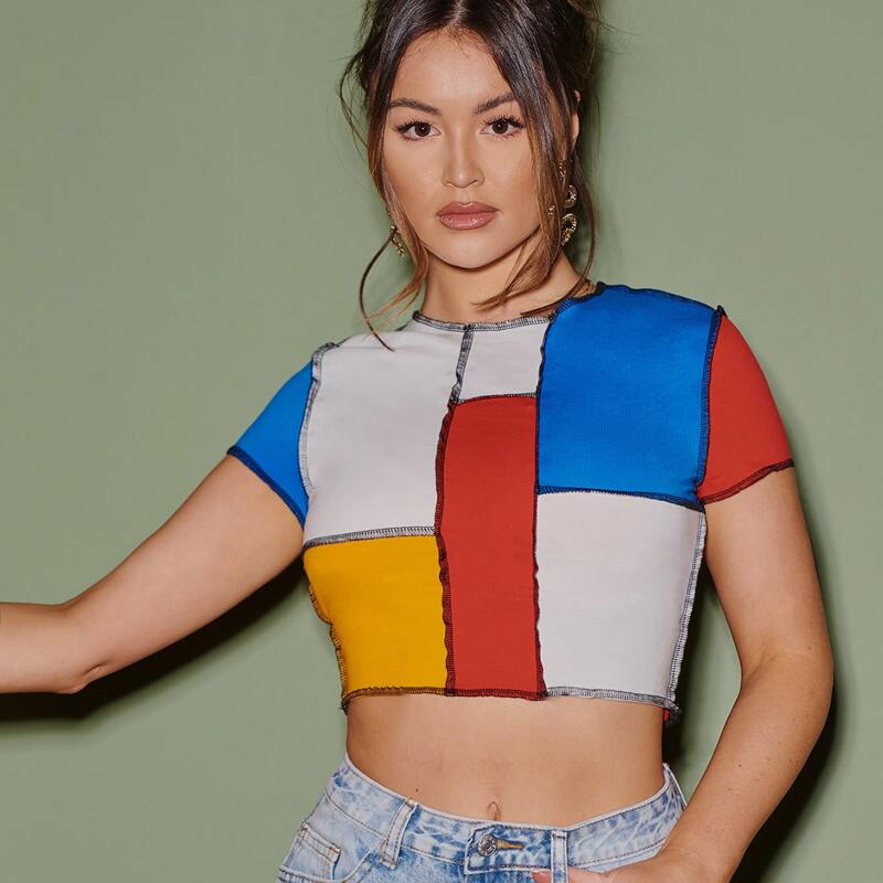 

Contrast Stitch Colorblock Crop Top, Multicolor