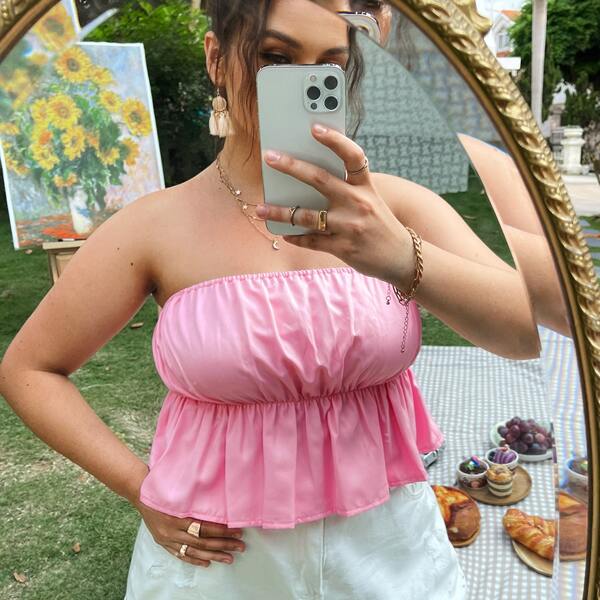 

Plus Ruched Bust Ruffle Hem Tube Top, Pink