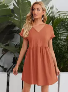 SHEIN Solid Flounce Sleeve Smock Dress - Rust Brown - View 1