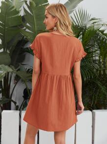 SHEIN Solid Flounce Sleeve Smock Dress - Rust Brown - View 2