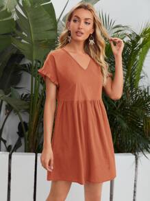 SHEIN Solid Flounce Sleeve Smock Dress - Rust Brown - View 4