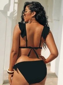 大码荷叶边 V 领比基尼套装夏季海滩 - 黑色 - 查看 2