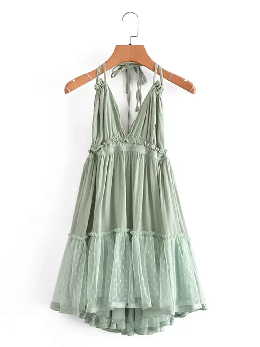 GENKIRA 蕾絲面多層荷葉邊繞脖洋裝 - 薄荷綠 - 查看 1