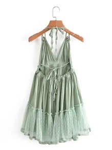 GENKIRA 蕾絲面多層荷葉邊繞脖洋裝 - 薄荷綠 - 查看 2