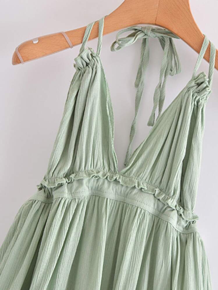 GENKIRA Dobby Mesh Self-Tie Ruffled Halter Dress | SHEIN