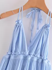 Aveloria Rosie Dobby Mesh Self-Tie Ruffled Halter Dress - Baby Blue - View 10