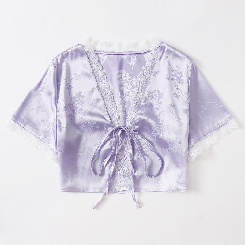 

Contrast Lace Satin Jacquard Tie Front Top, Lilac purple