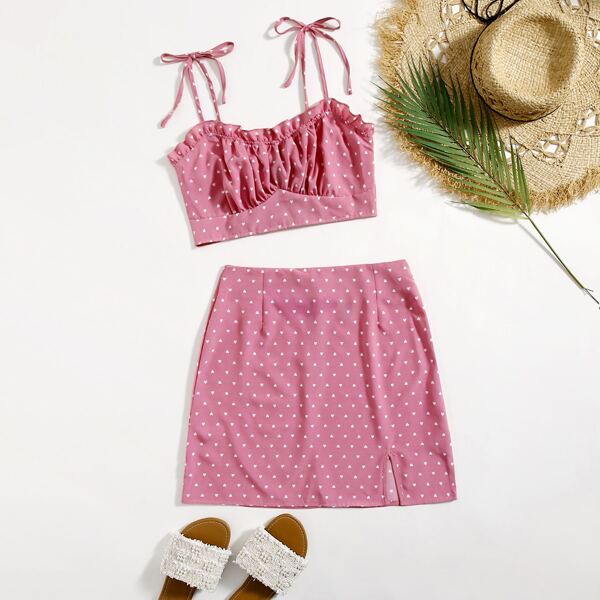 

Heart Print Frill Trim Cami Top & Slit Hem Skirt, Pink