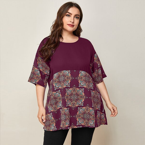 

Plus Contrast Panel Drop Shoulder Blouse, Maroon