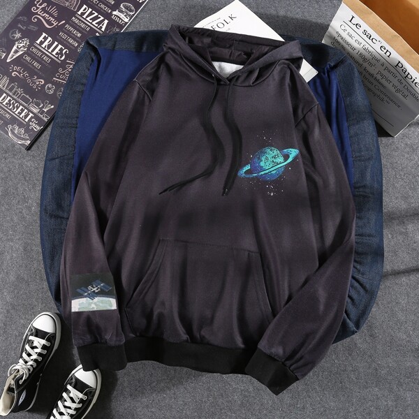 

Men Slogan & Galaxy Print Hoodie, Black