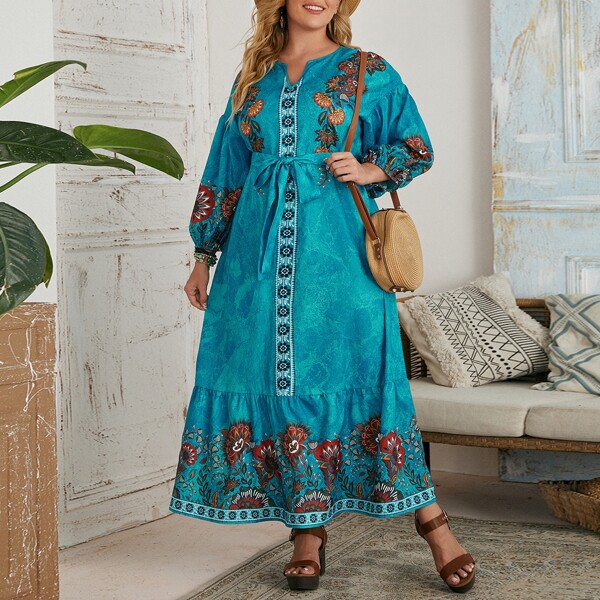 

Plus Notch Neck Bishop Sleeve Self Belted Floral Dress, Blue