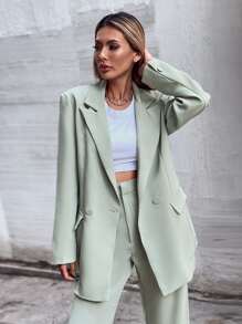 SHEIN Unity Double Button Lapel Collar Blazer - Mint Green - View 3