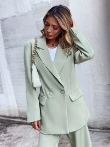 SHEIN Unity Double Button Lapel Collar Blazer - Mint Green - View 4