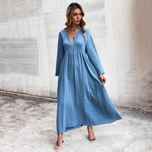 

Solid Plunging Neck Smock Dress, Baby blue