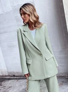 SHEIN Unity Double Button Lapel Collar Blazer - Mint Green - View 7