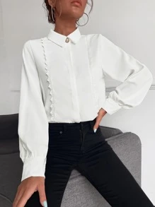 Aveloria Solid Lace Trim Bishop Sleeve Shirt Workwear - White - View 1