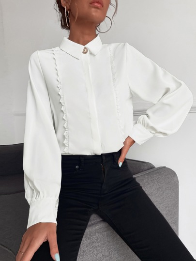 قميص موحدة اللون مقلم دانتيل اكمام أسقف ملابس العمل