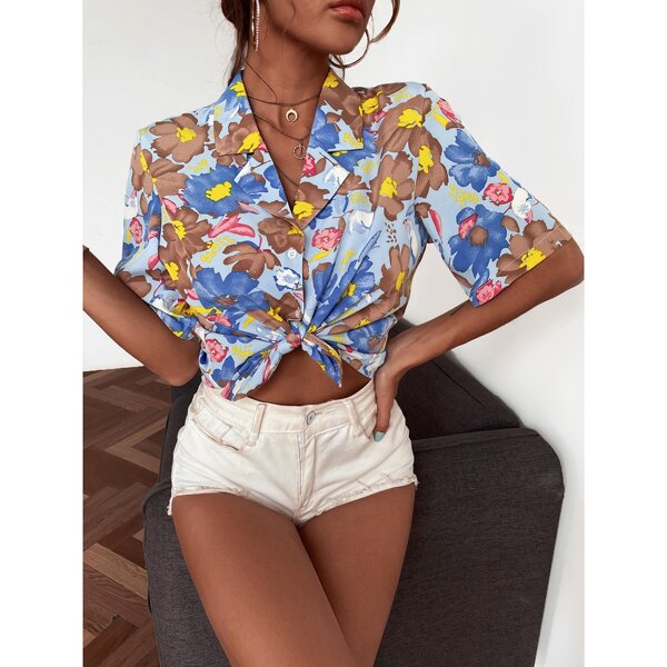 

Floral Print Lapel Collar Blouse, Multicolor