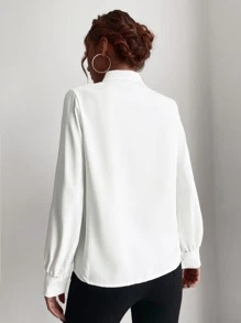 Aveloria Solid Lace Trim Bishop Sleeve Shirt Workwear - White - View 2