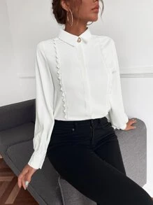 Aveloria Solid Lace Trim Bishop Sleeve Shirt Workwear - White - View 4