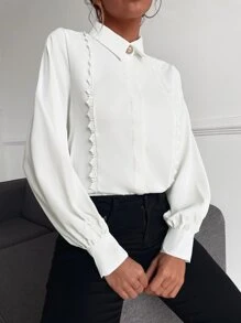 Aveloria Solid Lace Trim Bishop Sleeve Shirt Workwear - White - View 5