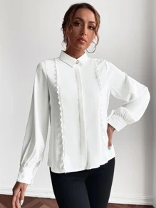 Aveloria Solid Lace Trim Bishop Sleeve Shirt Workwear - White - View 6
