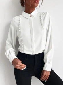 Aveloria Solid Lace Trim Bishop Sleeve Shirt Workwear - White - View 7