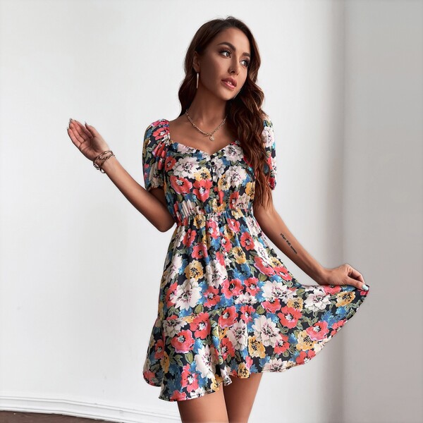 

Allover Floral Print A-line Dress, Multicolor