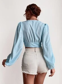 Plunge Neck Puff Sleeve Crop Blouse - Blue - View 2