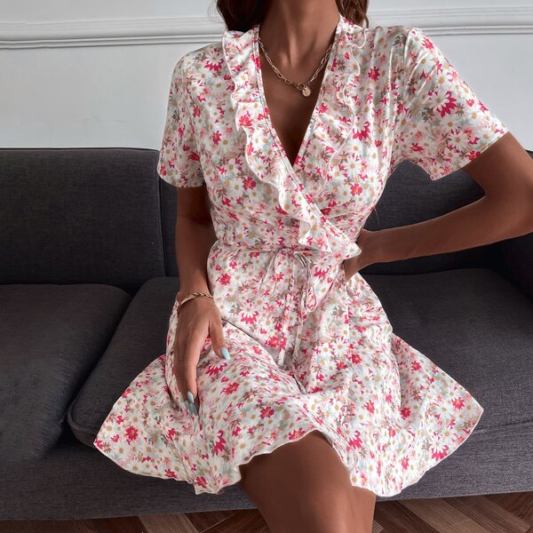 

Floral Print Self Tie Wrap Dress, Multicolor