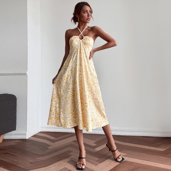 

Allover Print Backless Halter Dress, Multicolor