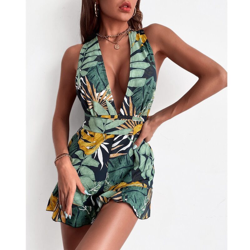 

Leaf Print Ruffle Hem Tie Back Romper, Multicolor
