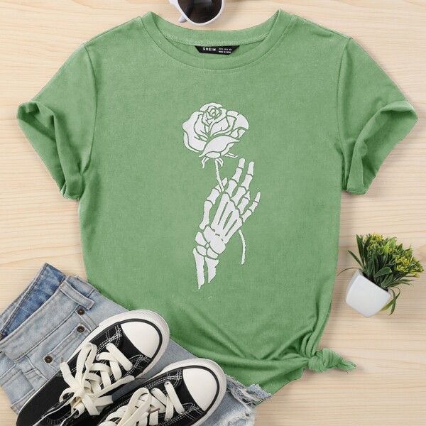 

Skull & Rose Print Tee, Lime green