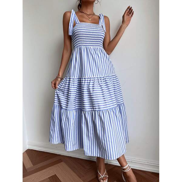 

Striped Print Tie Shoulder Ruffle Hem Cami Dress, Blue and white