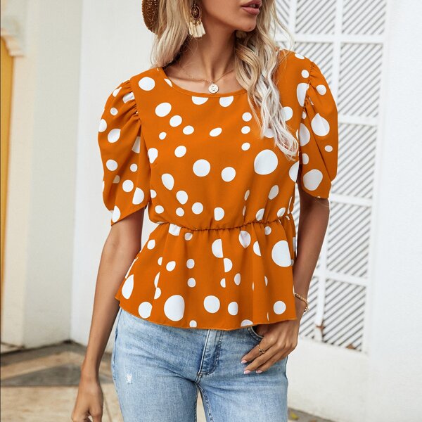 

Polka Dot Print Puff Sleeve Blouse, Mustard yellow