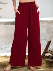 SHEIN Essnce Slant Pocket Wide Leg Trousers - Burgundy - View 1
